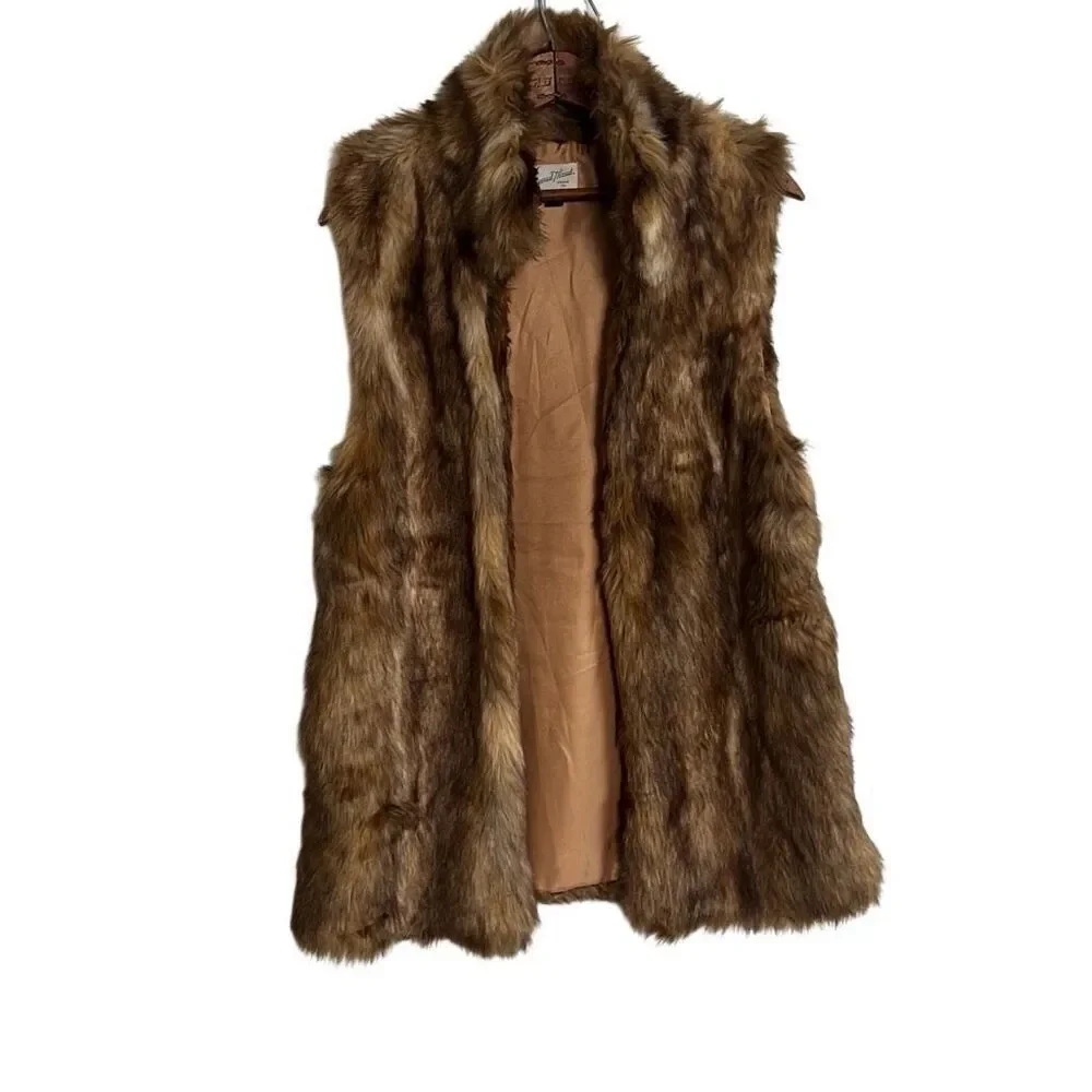 Universal Thread Faux Fur Open Front Stand Up Collar Lined Vest Brown OSFM